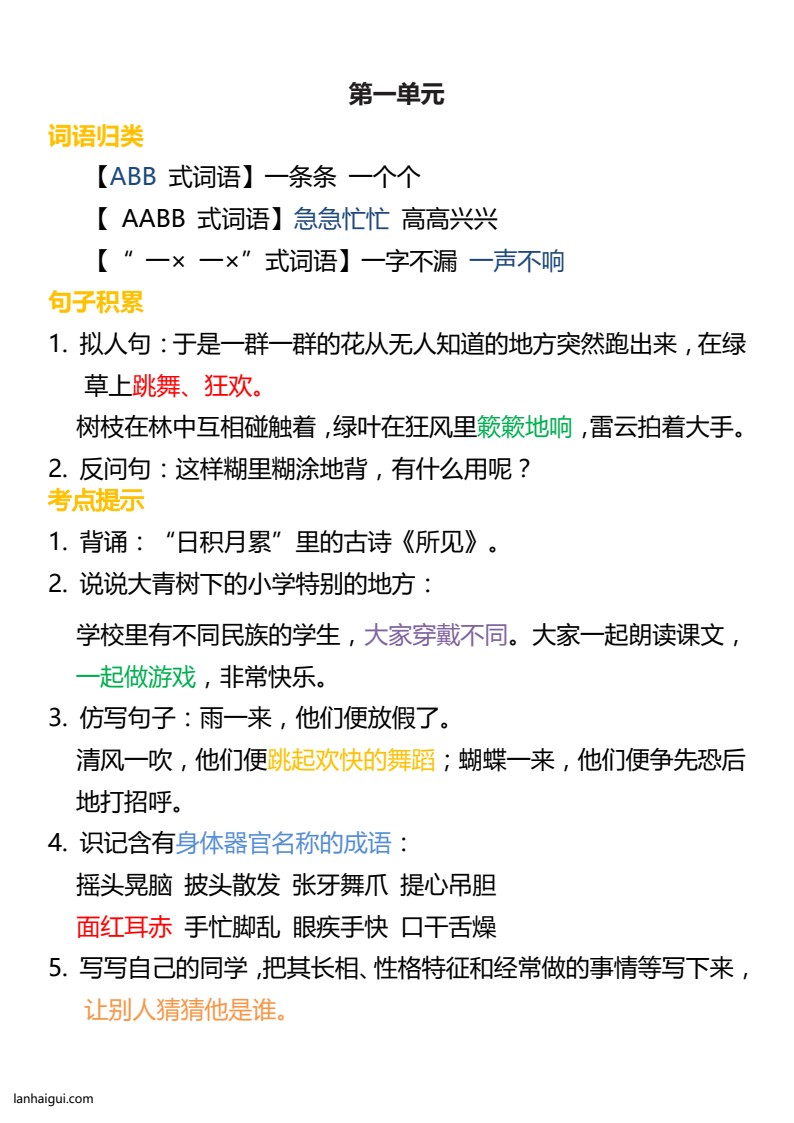 3年级语文上册词语归类积累 课文佳句汇总(1)(lanhaigui.com)_001